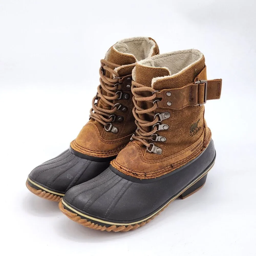 Sorel Winter Fancy Lace II Waterproof Mid Calf Suede Leather Rubber Boots Size 8
